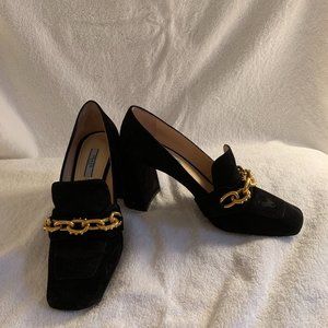 Prada Chain Link Loafer Pump, Size 39, Black Suede